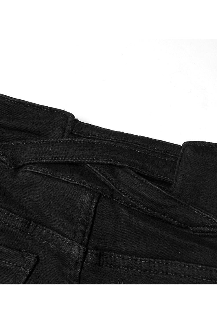 Schwarze dreieckige dekorative Metallplatte auf der Rückseite, gekreuzte Träger, eng anliegende Punk-Jeanshose für Damen