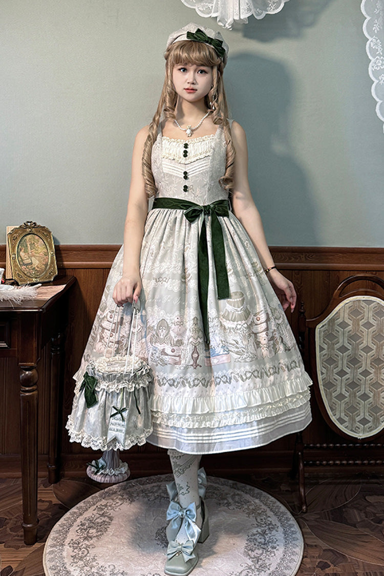 [Iris Study] V-Kragen Ärmellos Print Schleife Spitze Süßes Lolita Pullover Kleid 2 Farben