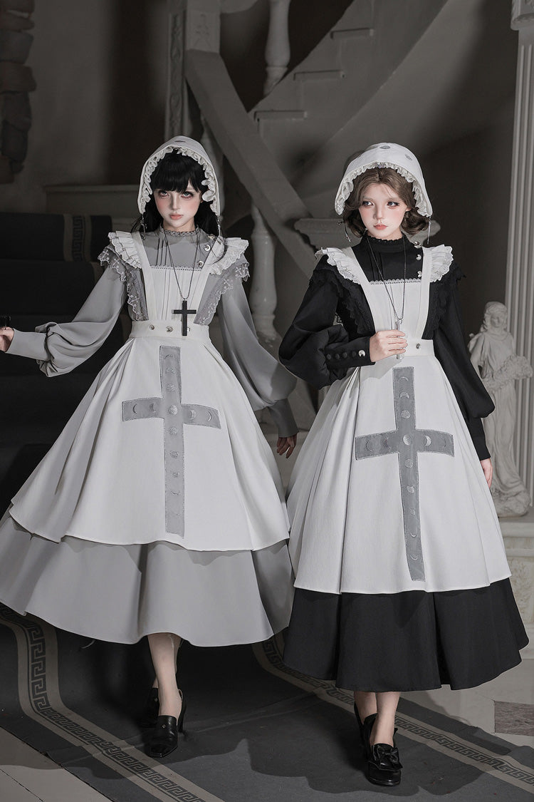 [Lunar Phases] High Collar Long Sleeves Puff Sleeves High Waisted Lace Trim Ruffled Pleated Women's Gothic Lolita Dress 2 Colors(Black, Grey)