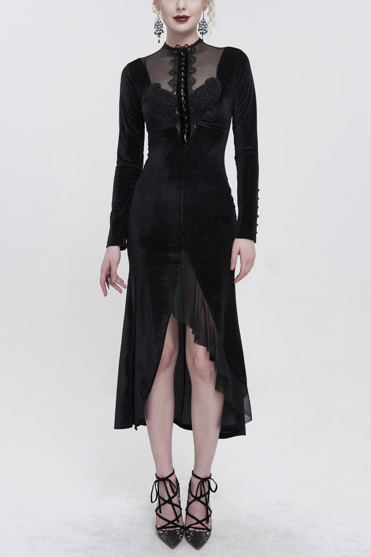 Black Small Stand Collar Cashew Paisley Lace On Chest Mesh Paneled Asymmetrical Hem Long Sleeve Women's Gothic Dress