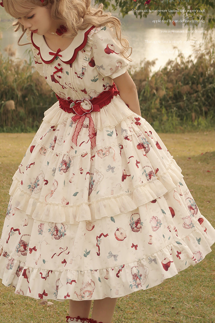 White Apple Tea Print Short Sleeves Country Style Ruffle Bowknot Sweet Lolita Dress