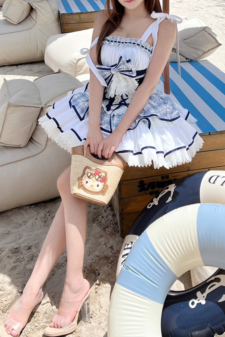 Blue/White [Sailing Love] Navy Collar Sleeveless Plaid Print Ruffle Bowknot Sweet Lolita Dress