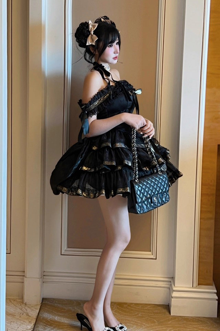 Black [Princess Ribbon] Off Shoulder Triple-Layered Ruffle Bowknot Sweet Lolita Dress