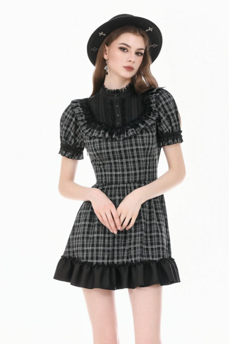 Black/White Plaid Stand Collar Short Puff Sleeves Ruffled  Lace Lace-Up Women's Lolita Gothic Dress