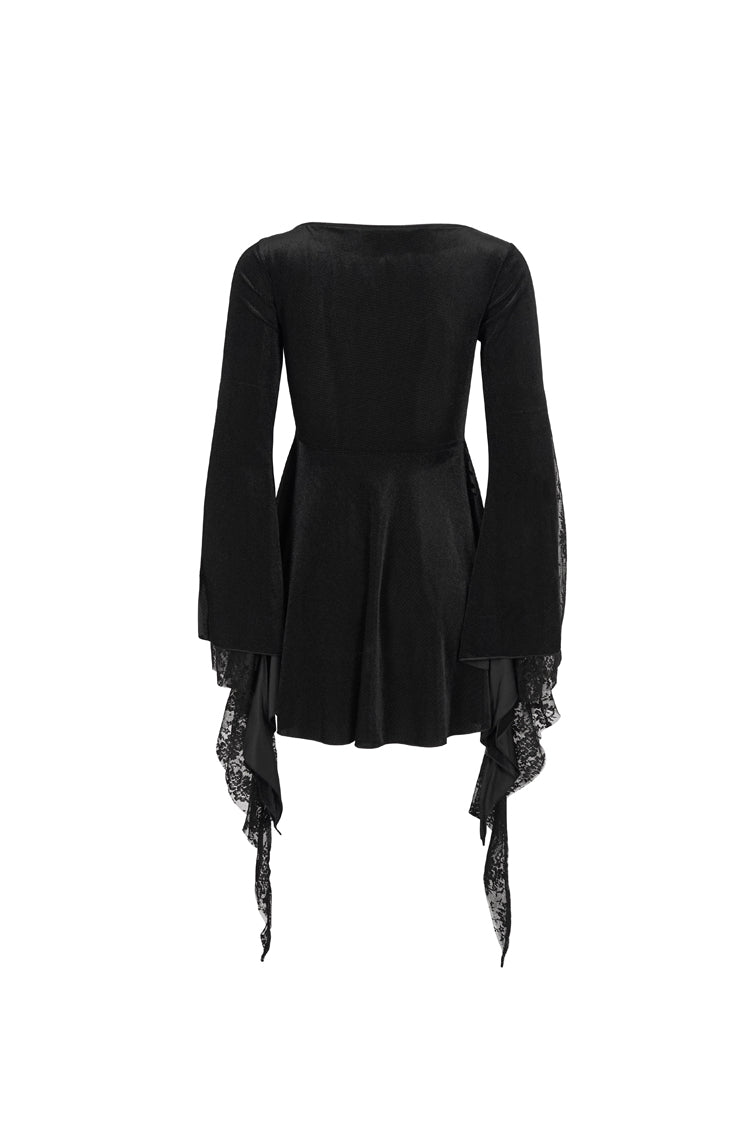 Schwarzes Gothic-T-Shirt für Damen mit V-Ausschnitt, Perlenbesatz, Spitze, ausgestellten Bündchen, floralem Muster und bedeckter Hüfte, langen Ärmeln
