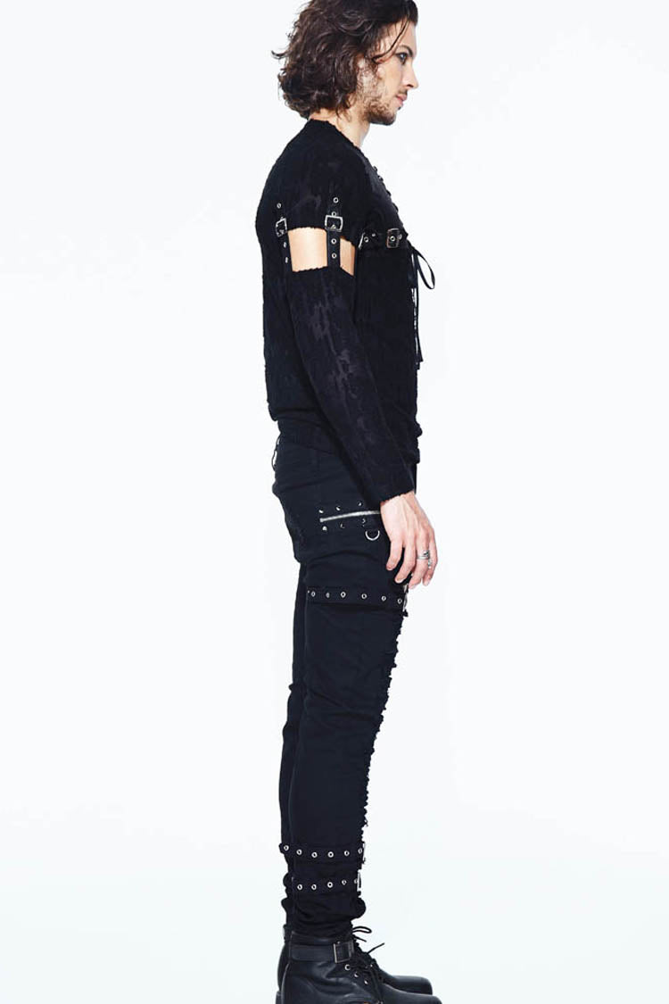 Black Leather Loop Sleeve Irregular Jacquard Knitted Chest Lace Up Removable Men's Punk Shirt