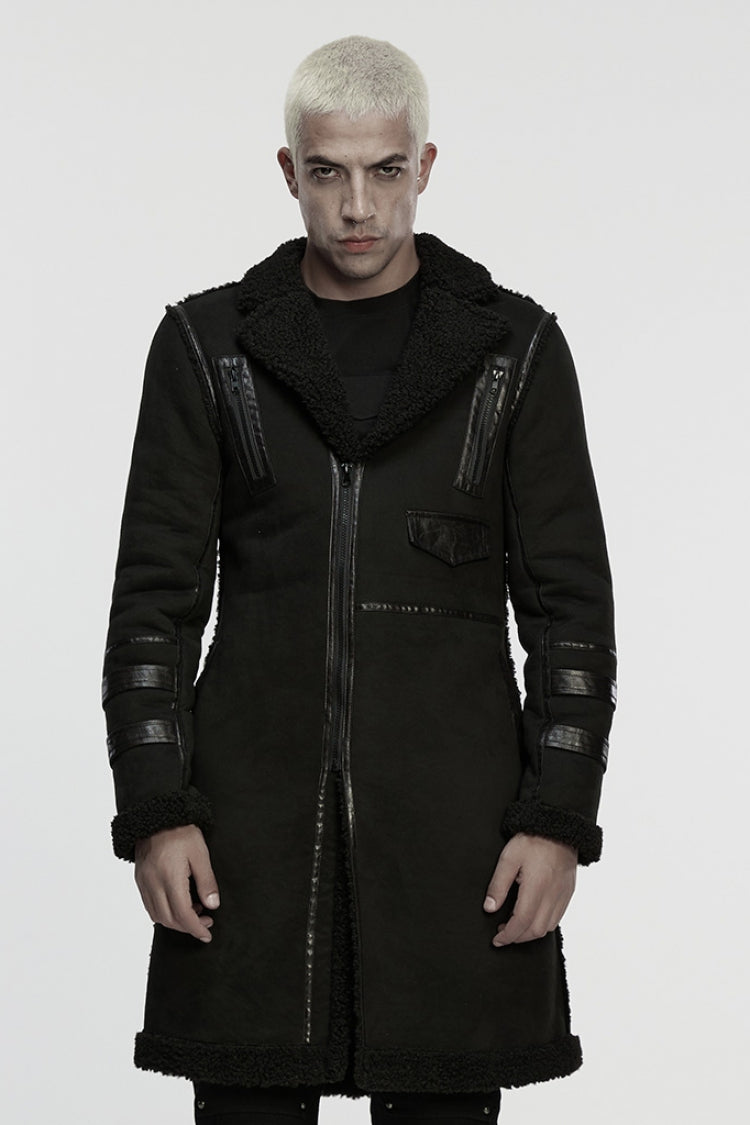 Black Plush Lapel Collar Sleeveless Asymmetric Zipper Men's Gothic Jacket