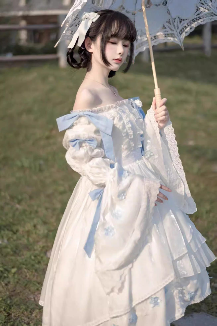 White Boat Neck Multi-layer Ruffle Hanayome Bowknot Sweet Princess Lolita Strapless Dress