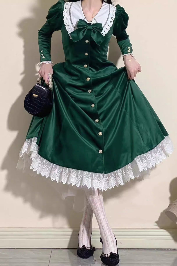 Vintage Lapel Collar Long Sleeves Ruffle Bowknot Elegant Lolita Dress 3 Colors