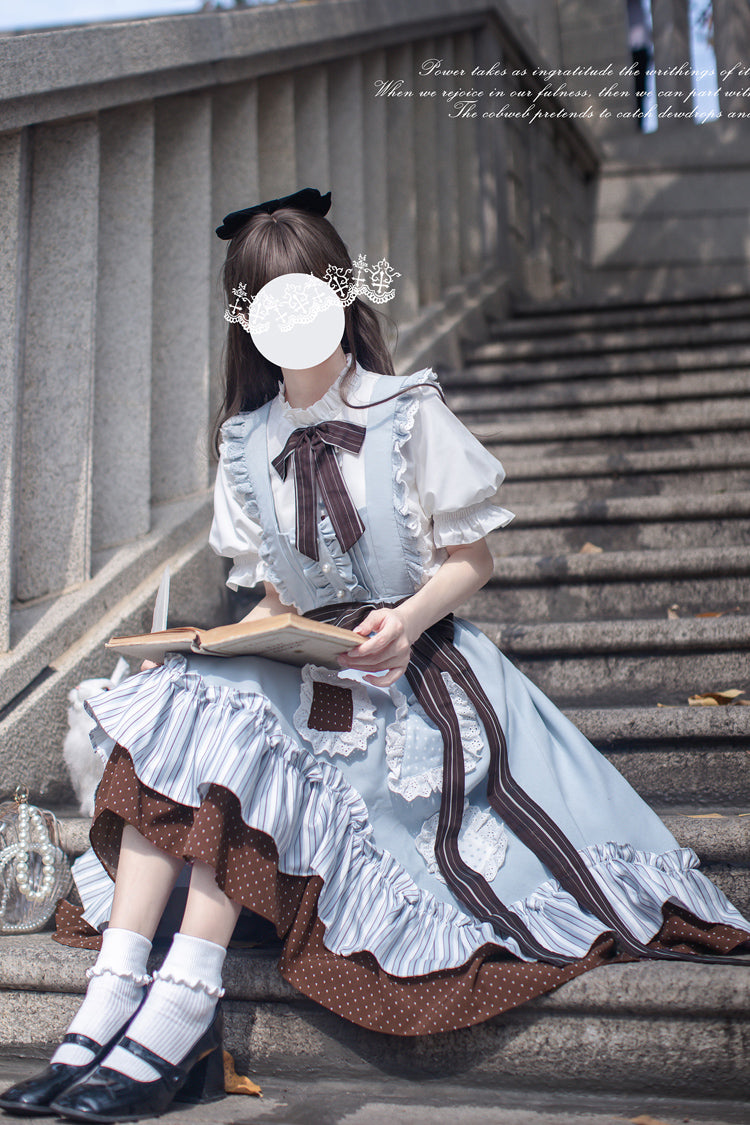 Blue [Magic Vocal Club] Sleeveless Print Ruffle Bowknot Sweet Alice College Style Elegant Lolita Jumper Dress