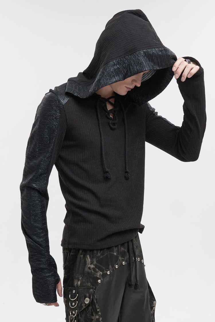 Black Trendy Dark Tether V-Neck Panel Knit Hooded Men's Punk T-Shirt