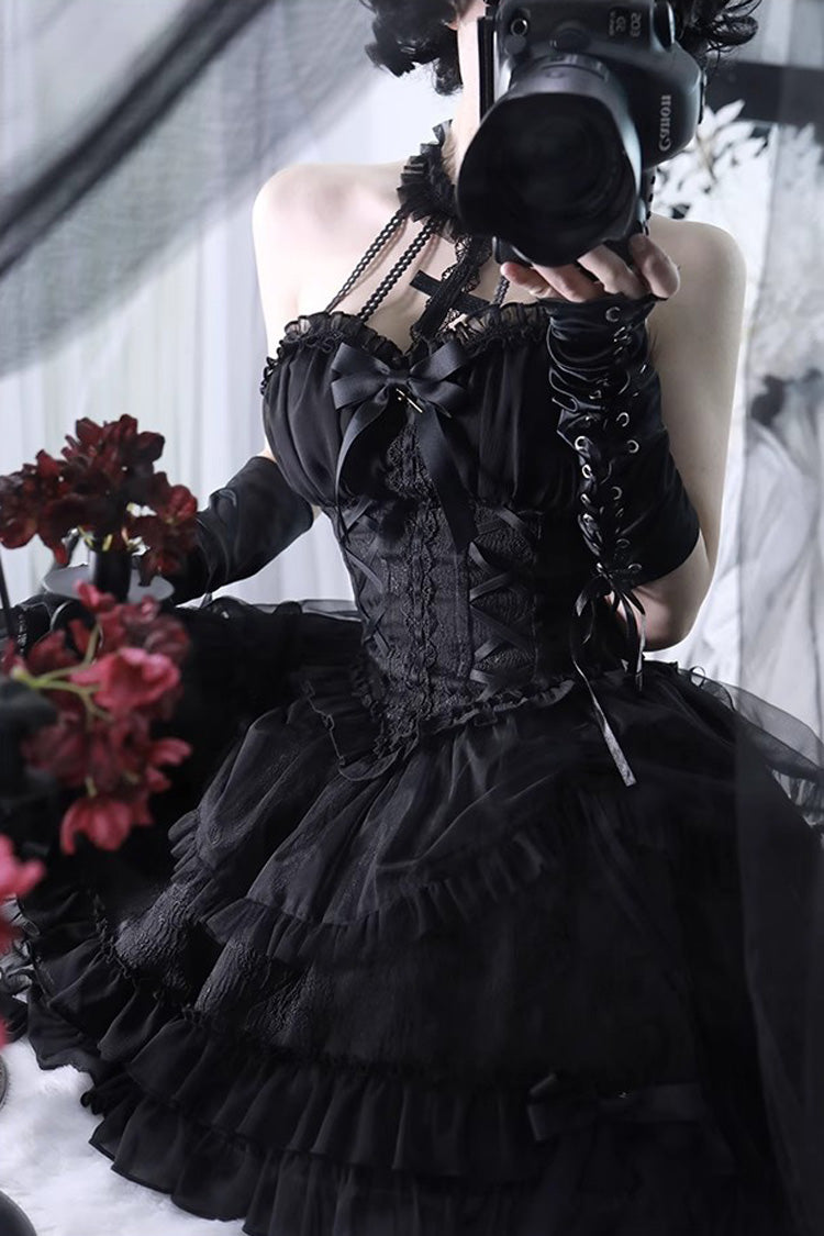 Dark Black Tube Top Sleeveless Blowknot Ruffled Gothic Lolita Tiered Dress
