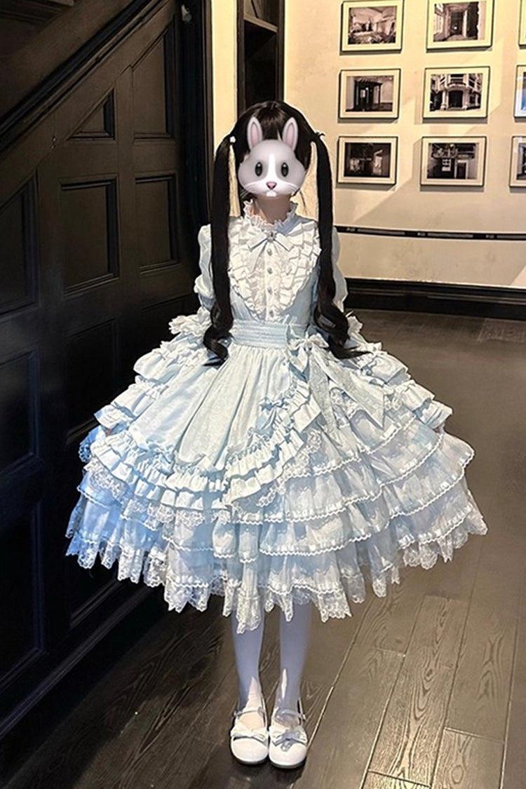 Blue [The Soloist Doll] Long Hime Sleeves Multi-Layered Print Ruffle Bowknot Asymmetric Sweet Lolita Dress