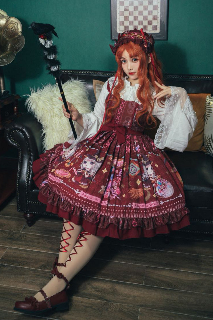 Robe Jsk Lolita élégante et douce à nœud papillon à volants imprimés sans manches [Petite Sorcière] rouge 