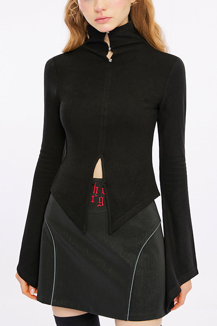 Schwarzes Gothic-T-Shirt mit langen Ärmeln und schreiendem Saum für Damen