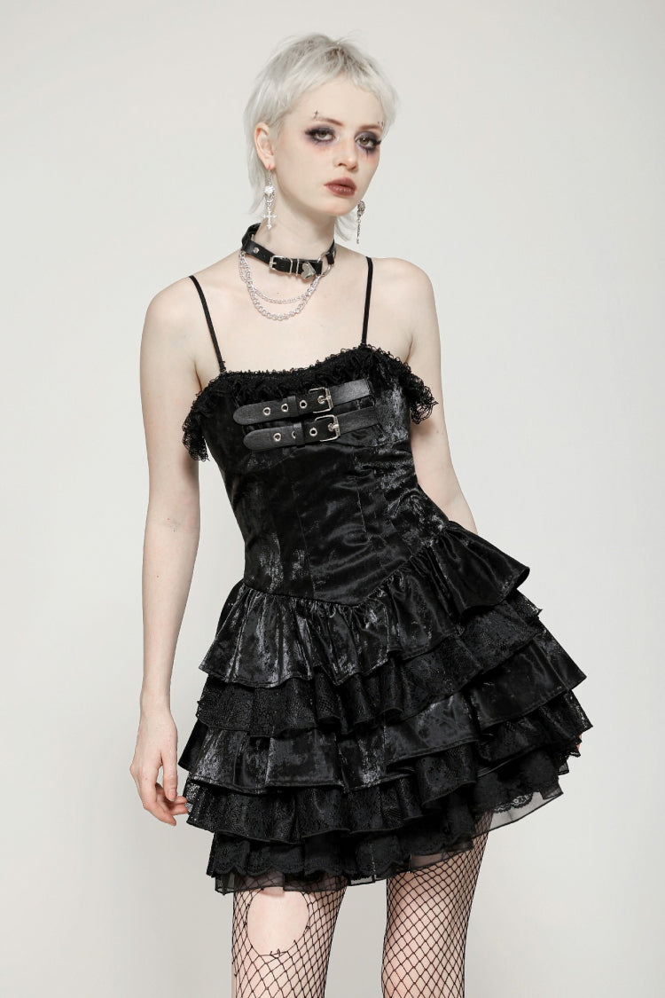Robe noire sans manches multicouches à volants pour femmes, robe de soirée Punk, robe de remise de diplôme