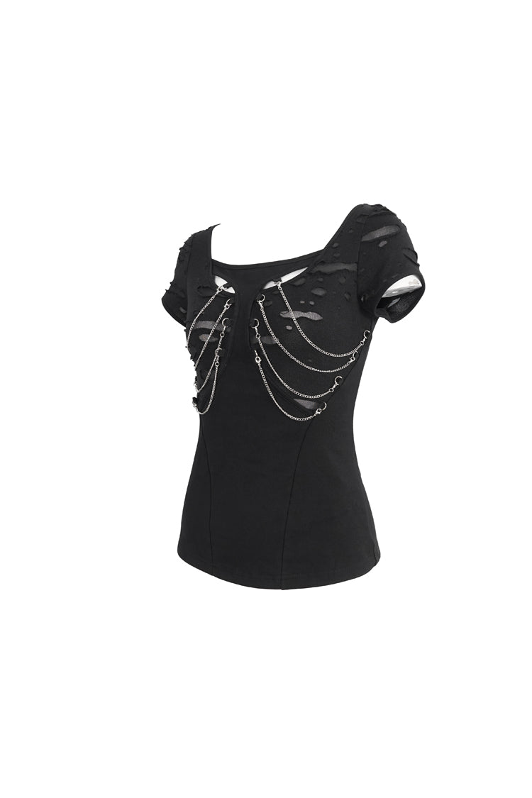 Black Short Sleeves Hollow Ripped Women's Steampunk T-Shirt