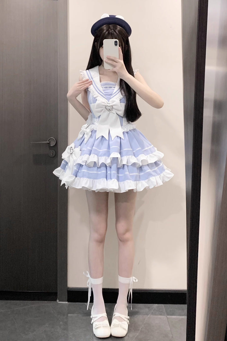 Light Blue Navy Style Sleeveless Double Layer Ruffle Bowknot Lace Sweet Lolita Dress
