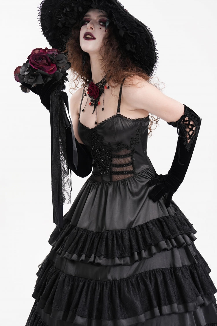 Black Multi-Layered Ruffle Lace-Up Mesh Women's Gothic Dress