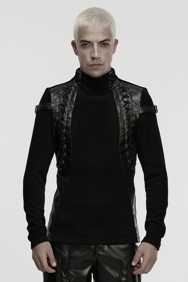 ブラック スタンド カラー 長袖 スプライシング バックル付き ストラップ付き メンズ パンク トップ