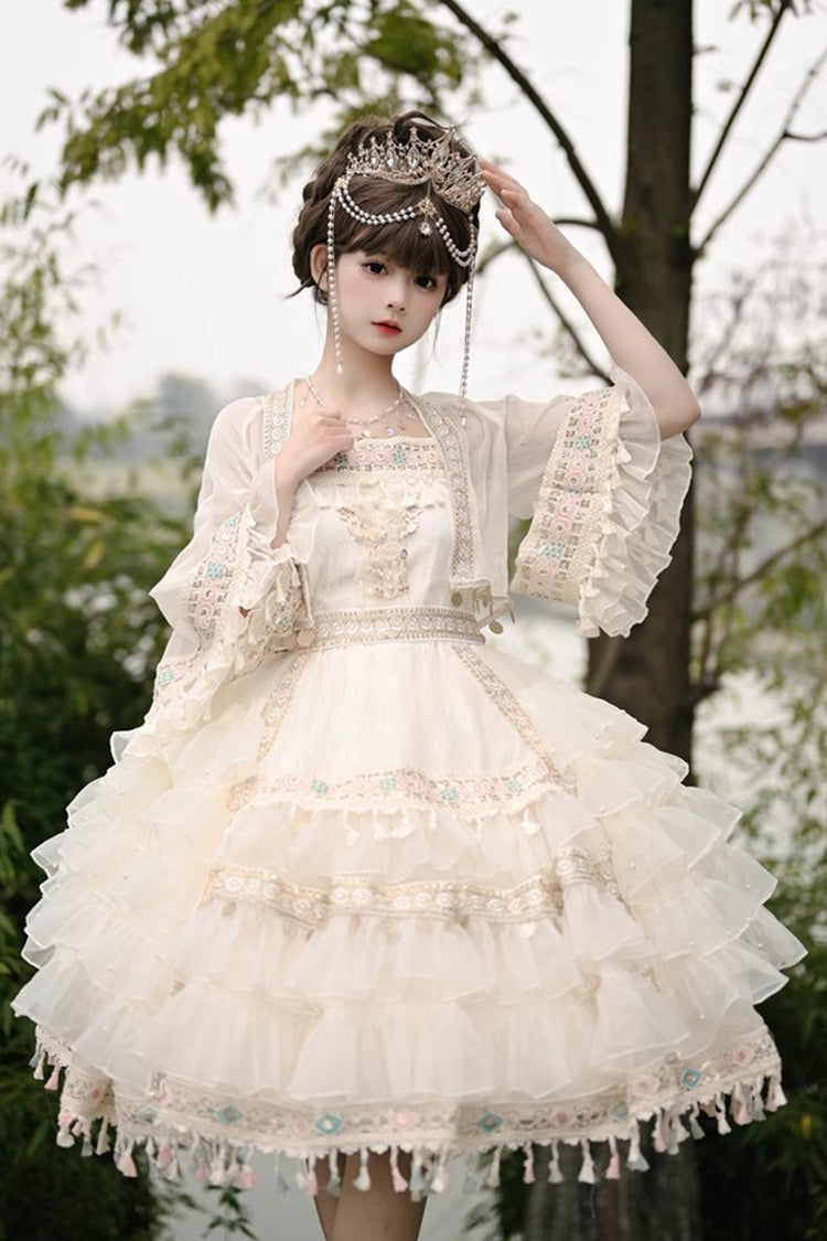 Apricot [Miao Girl] Multi-Layered Ruffle Bowknot Sweet Princess Lolita Chiffon Skirt Set