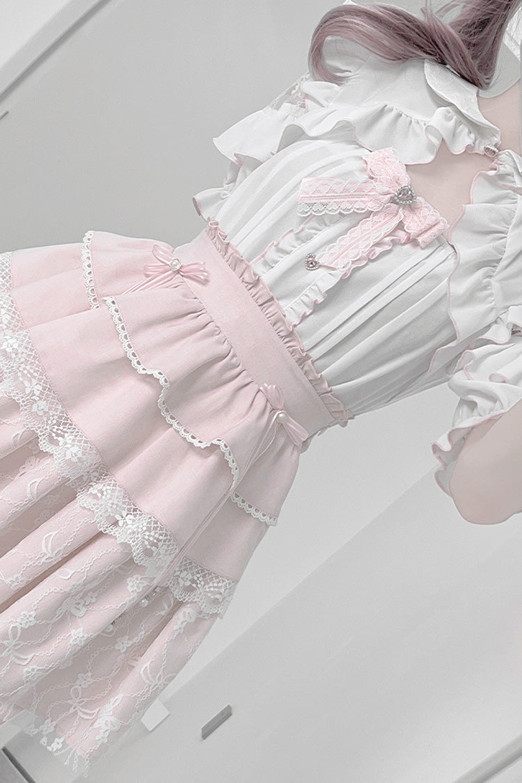White/Pink Short Sleeves Triple-Layered Ruffle Bowknot Lace Jirai Kei Japanese Skirt Set