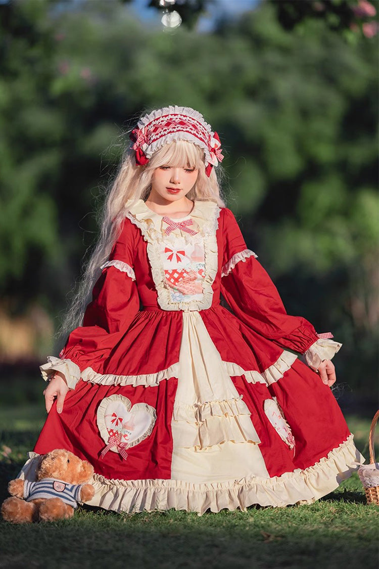 Red Cider House Long Sleeves Print Ruffle Cardigan Bowknot Sweet Lolita Dress