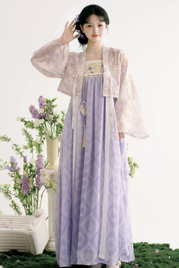 Ensemble Hanfu doux imprimé taille haute violet [Jardin de lavande] pour femmes