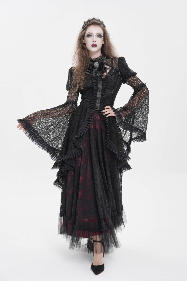 Wunderschöne Gothic-Bluse für Damen in Schwarz mit Stehkragen und langen Trompetenärmeln