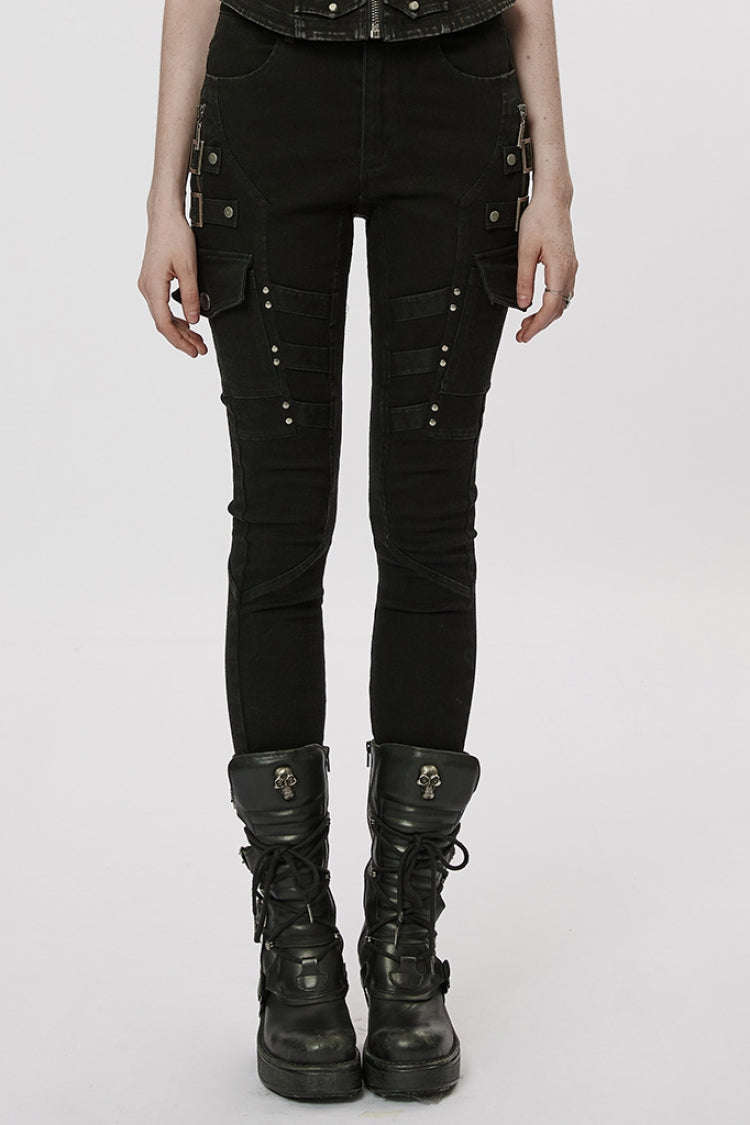 Black Multi-Pocket Buckle Women's Punk Jeans Pants