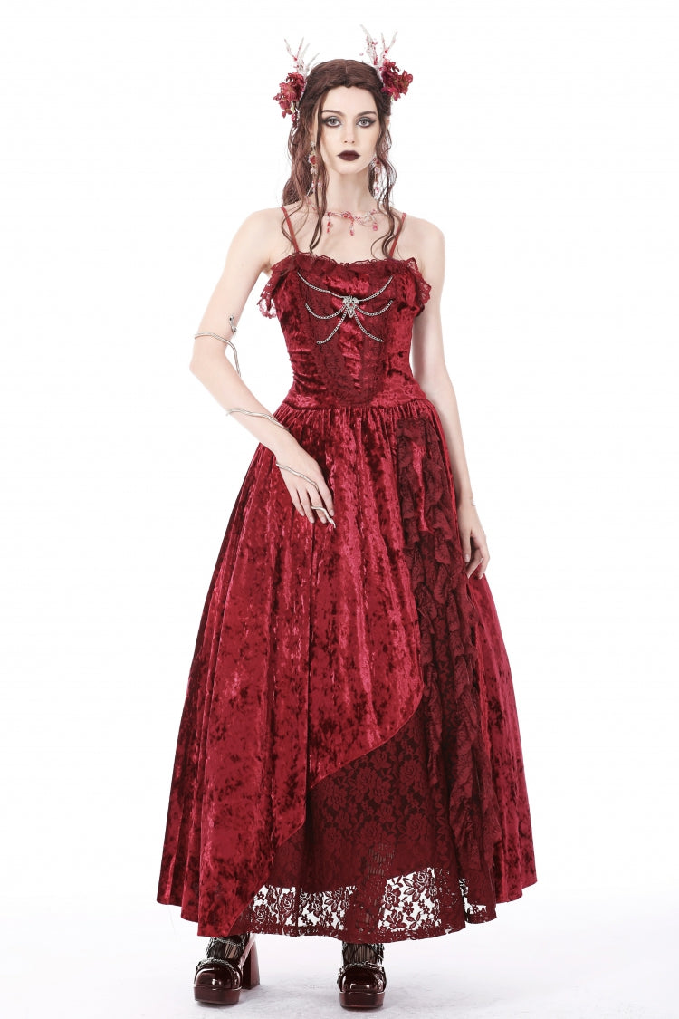 Robe longue en velours gothique pour femmes, sans manches, en dentelle épissée, décorée de chaînes, rouge