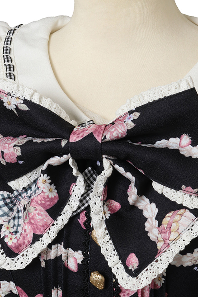 Black [Creamy Berry] Print Short Puff Sleeves Ruffle Bowknot Lace-Up Sweet Jirai Kei Japanese Dress