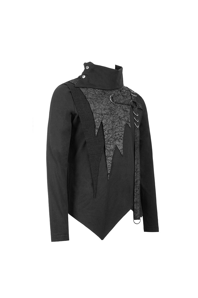 Black Worn Out Cross Shaped Hasp High Collar Asymmetric Hem Men's Punk T-Shirt