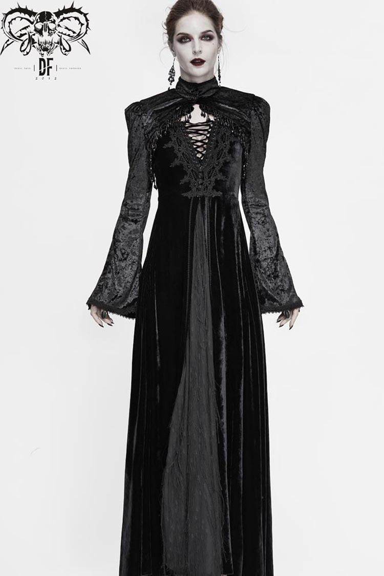 Schwarzer Spitzensamt-Blasen-Trompetenärmel-Gothic-Schal für Damen
