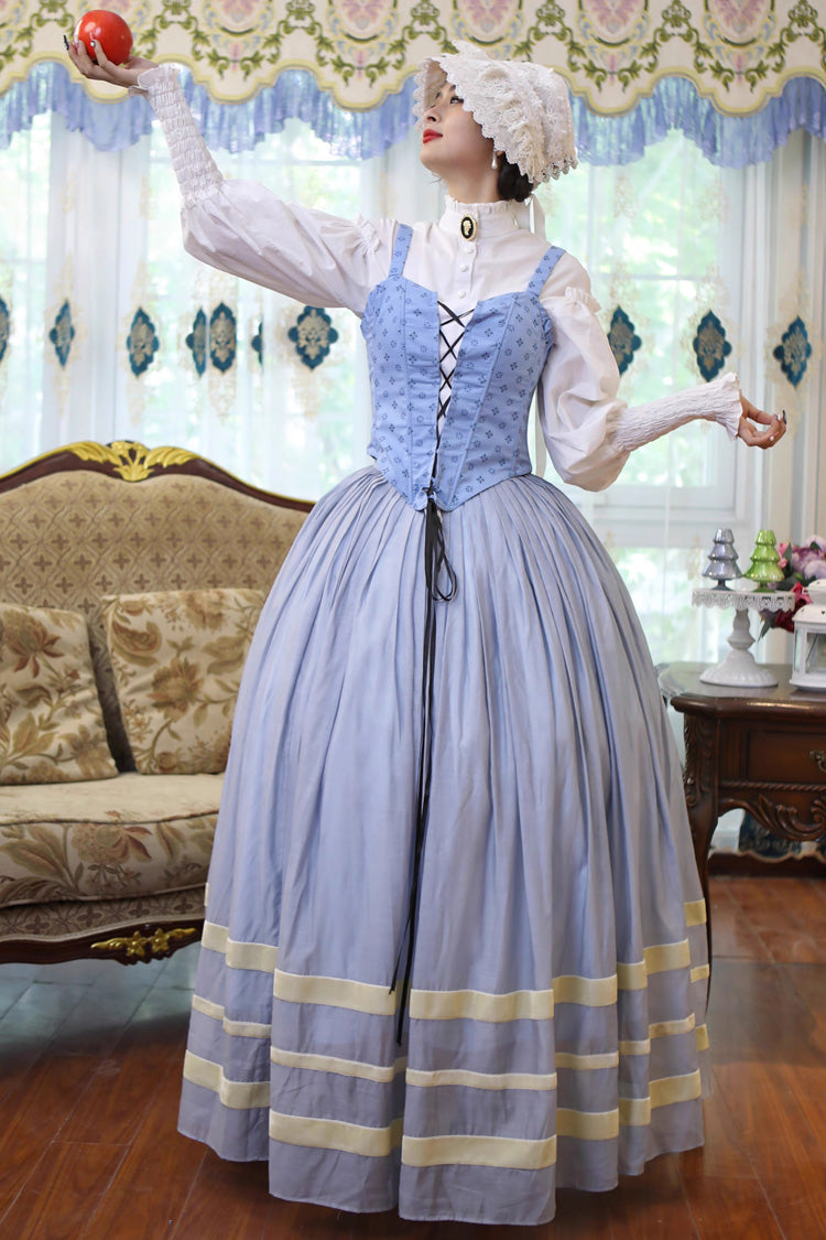 Light Blue [Bashu Girl] Long Puff Sleeves Print Lace-Up Fishbone Corset Sweet Lolita Skirt Dress Three-Piece Set