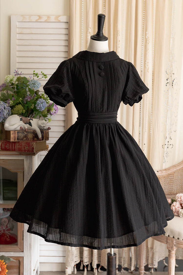 Robe Lolita noire, col haut, manches courtes lanterne, Style pastoral, classique, Vintage, élégante, noire