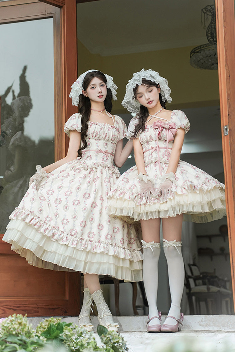 Robe courte Lolita douce à manches courtes ivoire [Rose après la pluie] à imprimé triple couche avec nœud à volants et lacets 