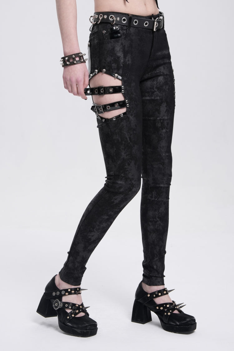 Black Print Cutout Buckle Women's Gothic Pants