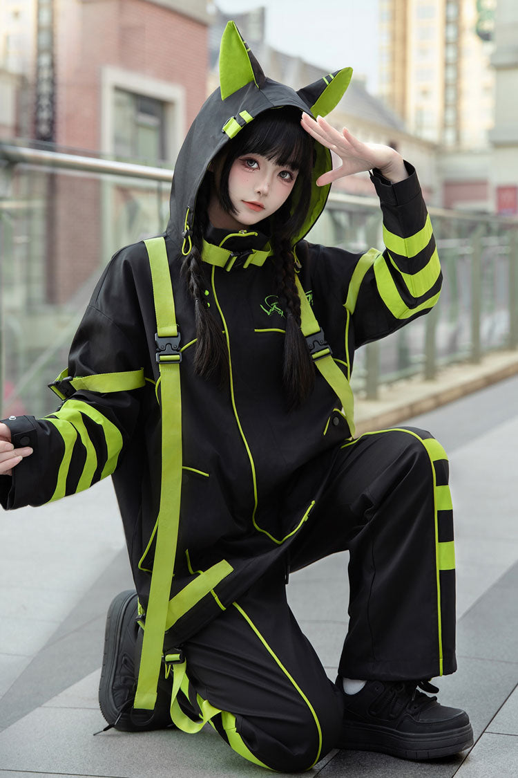Yellow/Green/Black Long Sleeves Print Cat Ears Hooded Jirai Kei Handsome Coat
