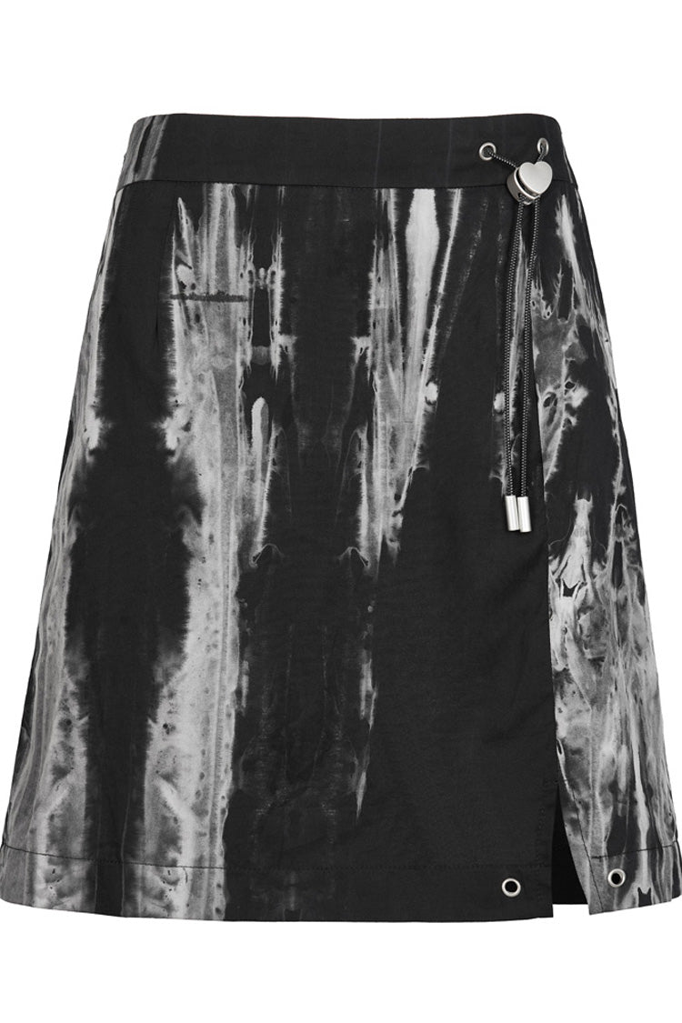 Black/White Hem Side Slit Design Cute Metal Heart Buckle Decoration Tie-Dyed A-Line Short Women's Punk Skirt