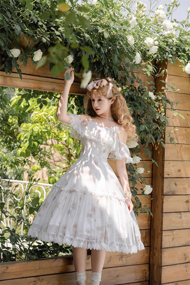 White Sunflower Dance Print Sweet Elegant Princess Lolita Jsk Dress