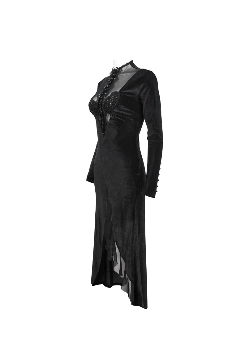 Black Small Stand Collar Cashew Paisley Lace On Chest Mesh Paneled Asymmetrical Hem Long Sleeve Women's Gothic Dress