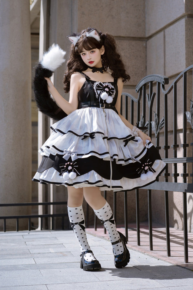 Black/White [Cat Fist] Triple-Layered Ruffle Bowknot Sweet Lolita Jsk Dress