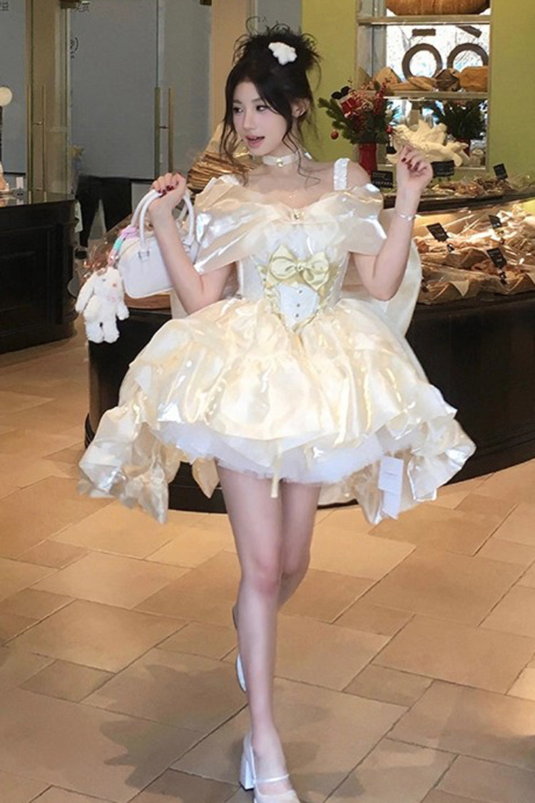 Gold [Proxima Centauri] Off Shoulder Ruffle Bowknot Sweet Princess Lolita Dress