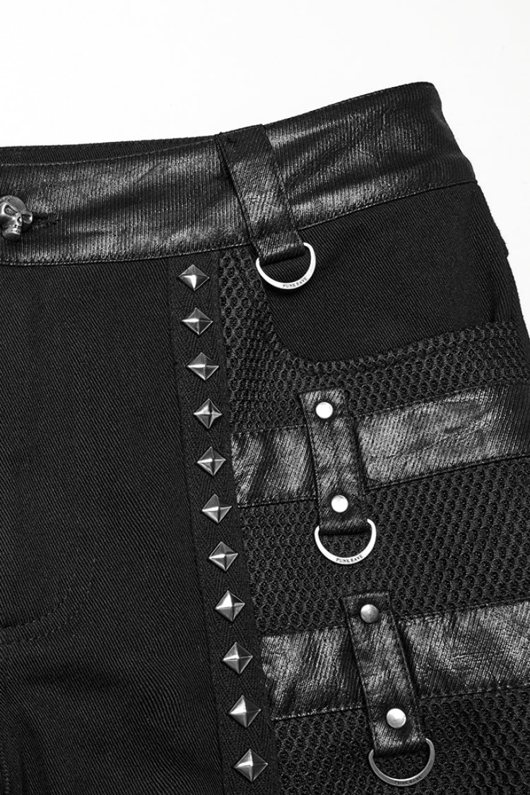 Black Stitching Mesh Buckle Straps Studded Men's Punk Pants