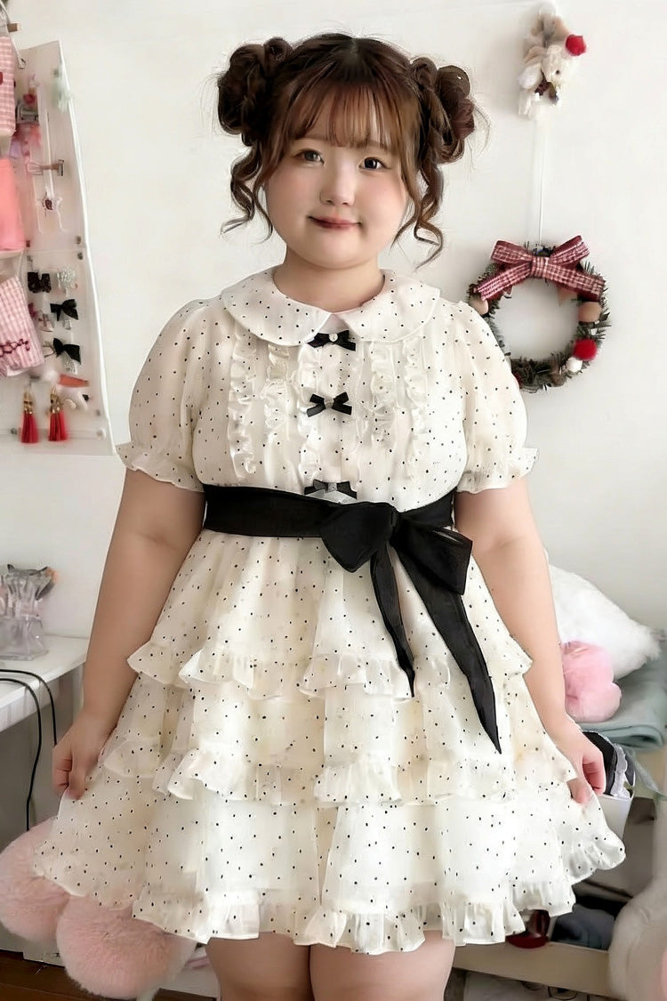 Robe de princesse Lolita douce, col de poupée blanc, manches courtes, Triple couche, imprimé à pois, nœud à volants, grande taille