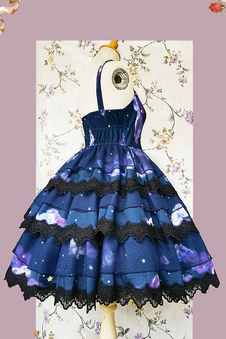 Blue Triple-Layered Clouds Print Ruffle Stitching Lace Sweet Lolita Dress
