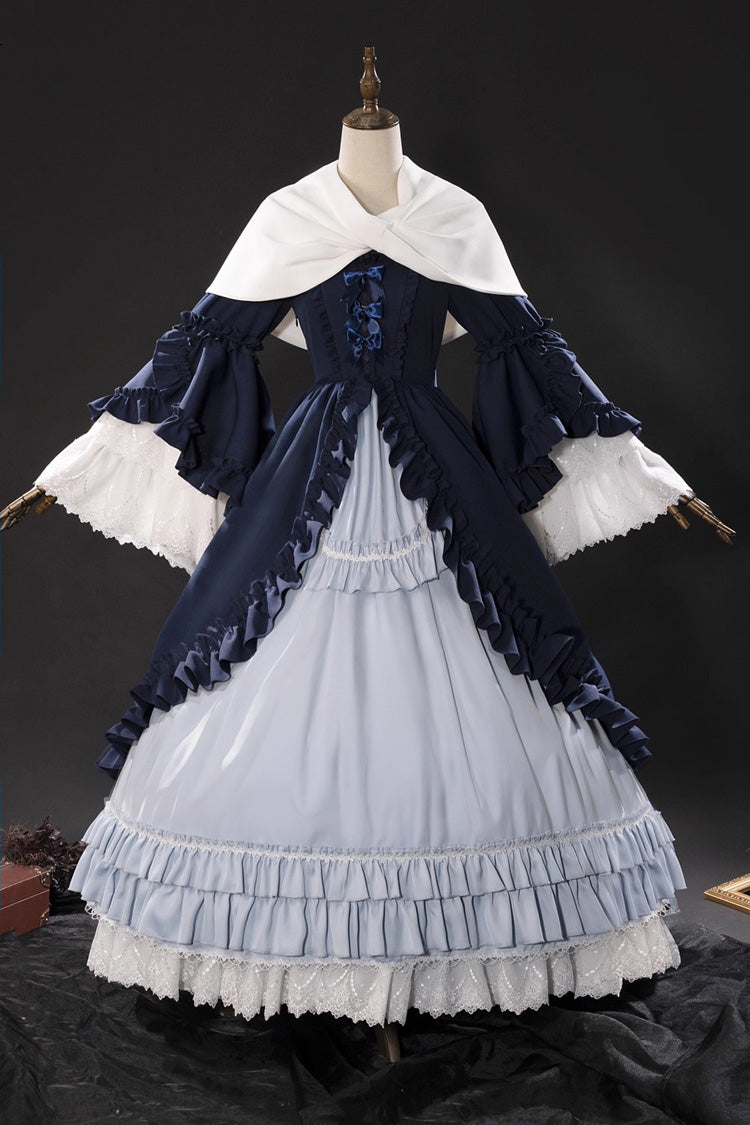 Blue [Loli Detective] Triple-Layered Ruffle Cardigan Bowknot Gothic Lolita Victorian Dress Set
