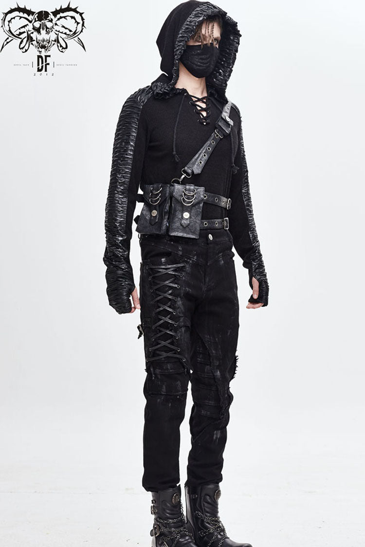 Black Leather Large Capacity Adjustable Fog Flower Men's Gothic Waist Bag