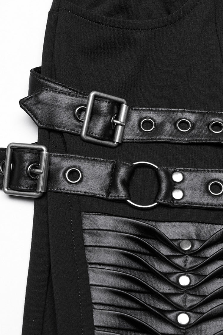 Black Buckle Straps Pleated Women's Punk Leggings